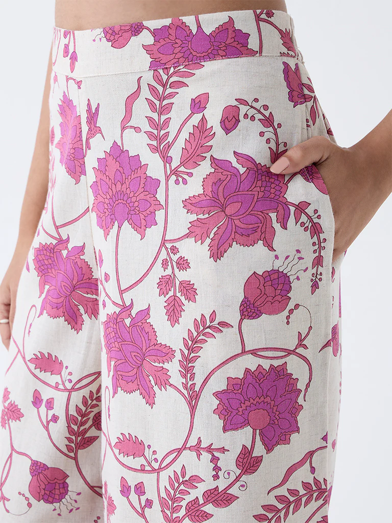 Utsa Off-White Floral Design Cotton-Blend Palazzos - Image 3