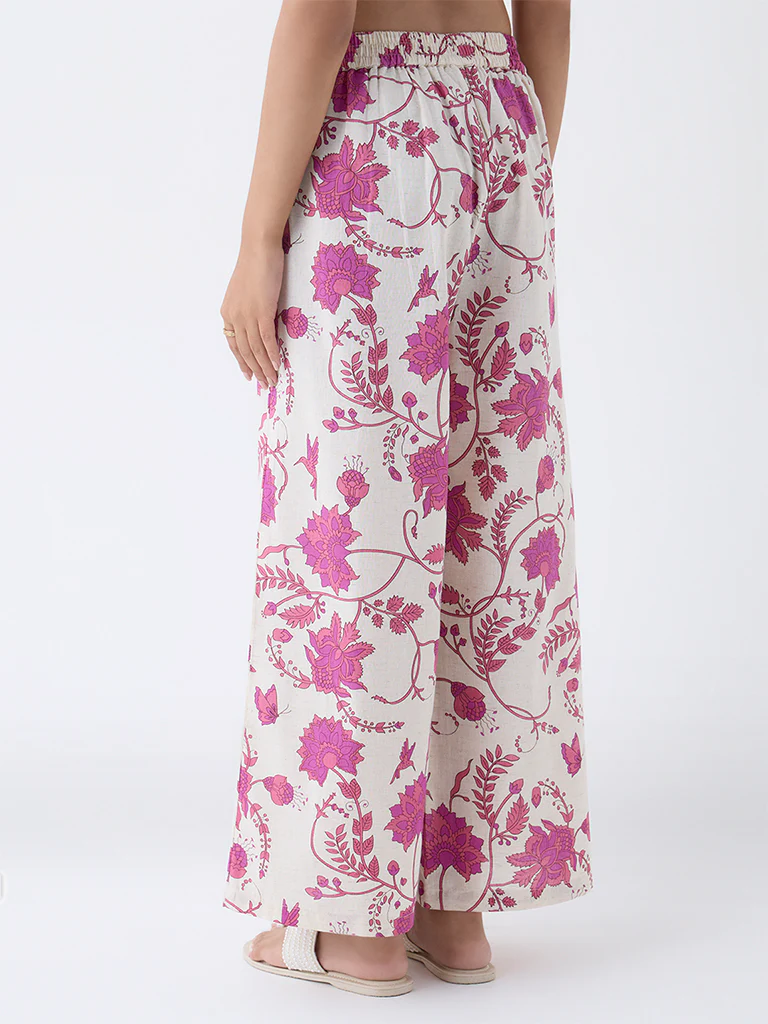 Utsa Off-White Floral Design Cotton-Blend Palazzos - Image 4