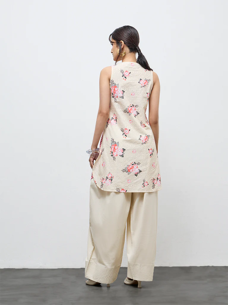 Utsa Off-White Floral Design Cotton Straight Kurta - Image 4