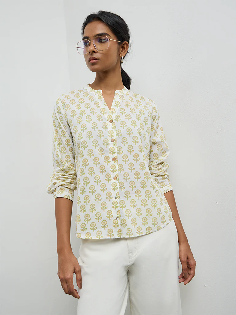 Utsa Off-White Floral Design Cotton Tunic