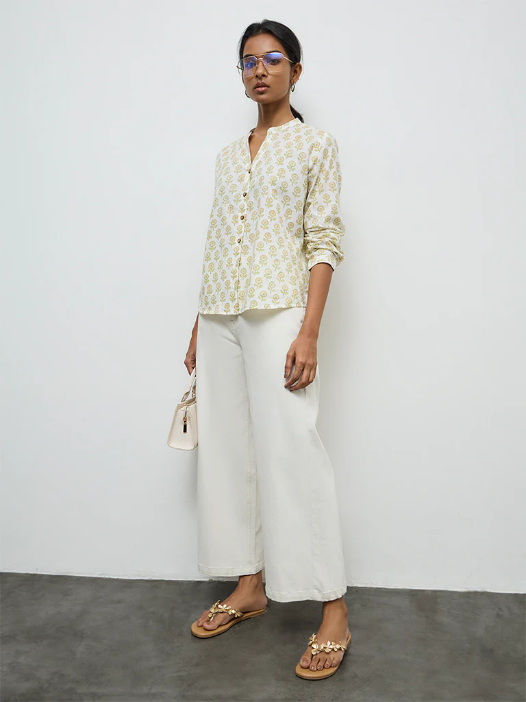 Utsa Off-White Floral Design Cotton Tunic - Image 2