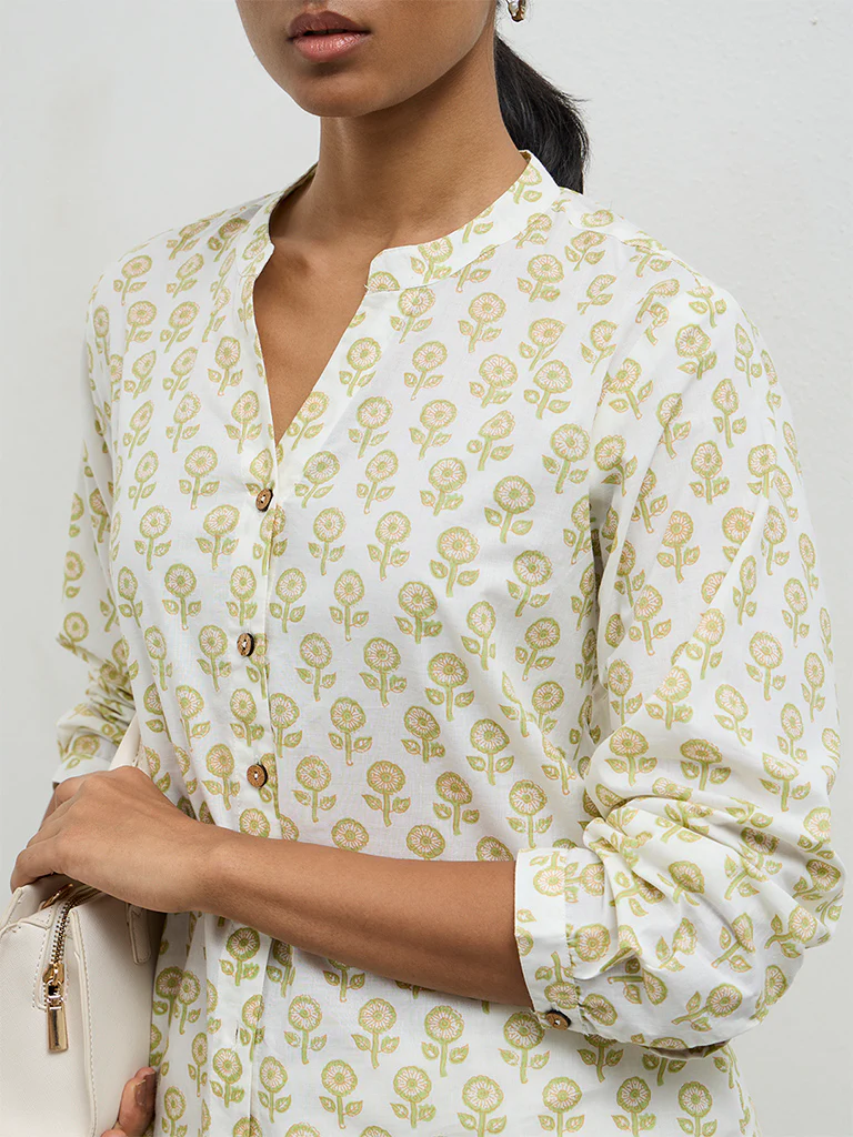 Utsa Off-White Floral Design Cotton Tunic - Image 3