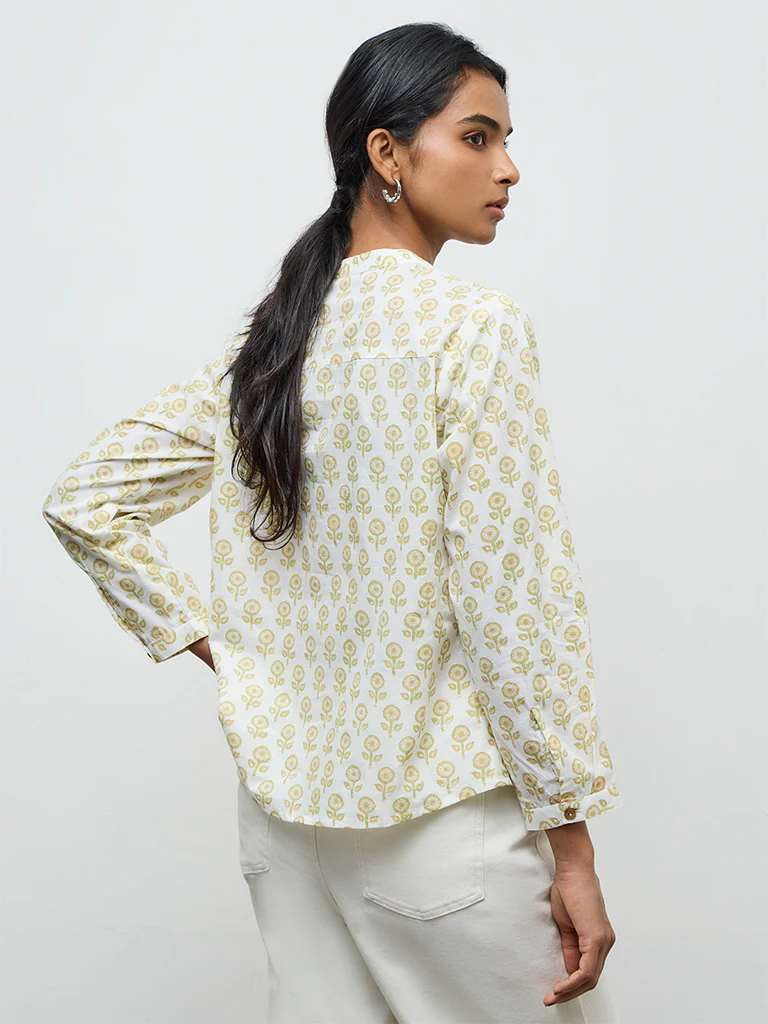 Utsa Off-White Floral Design Cotton Tunic - Image 4