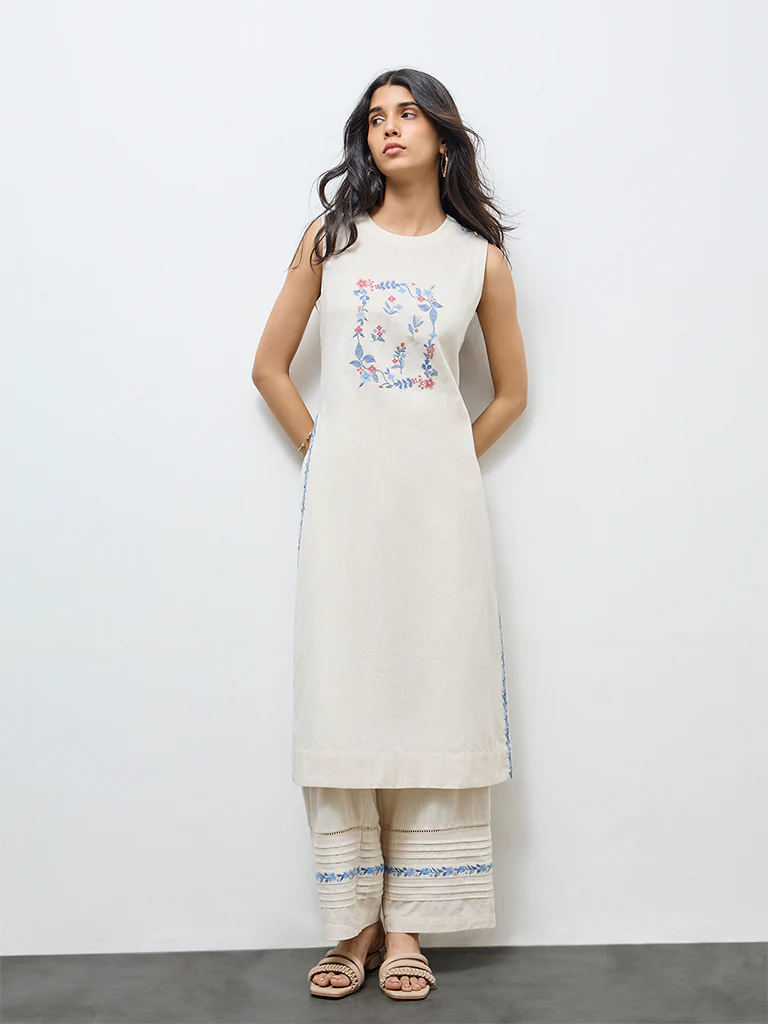 Utsa Off-White Floral Embroidered A-Line Cotton-Blend Kurta - Image 2