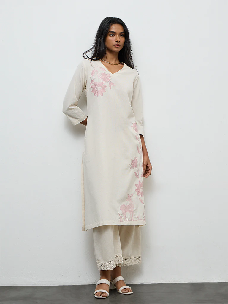 Utsa Off-White Floral Embroidered A-Line Cotton-Blend Kurta