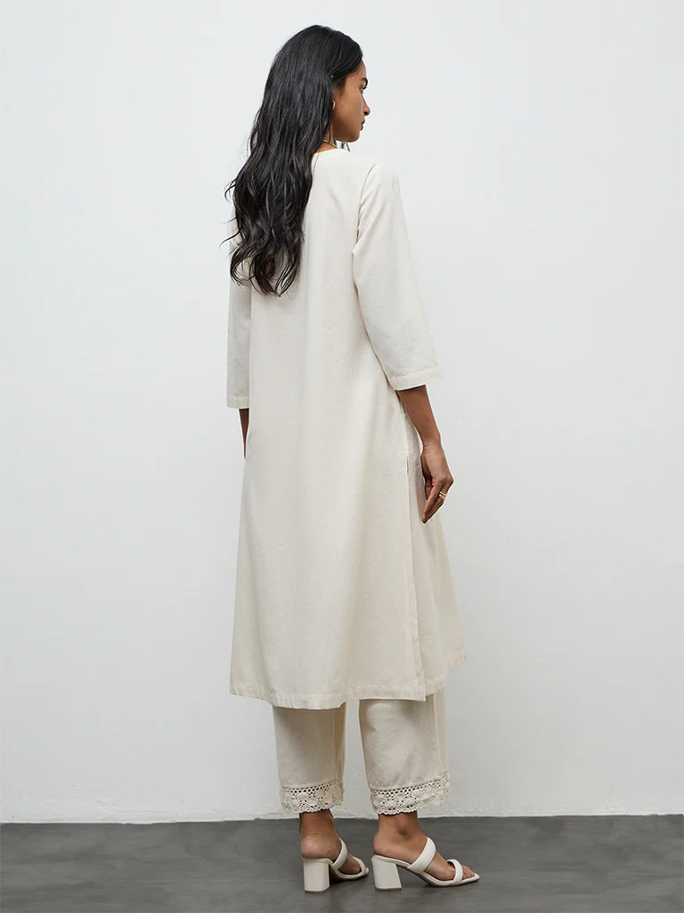 Utsa Off-White Floral Embroidered A-Line Cotton-Blend Kurta - Image 4