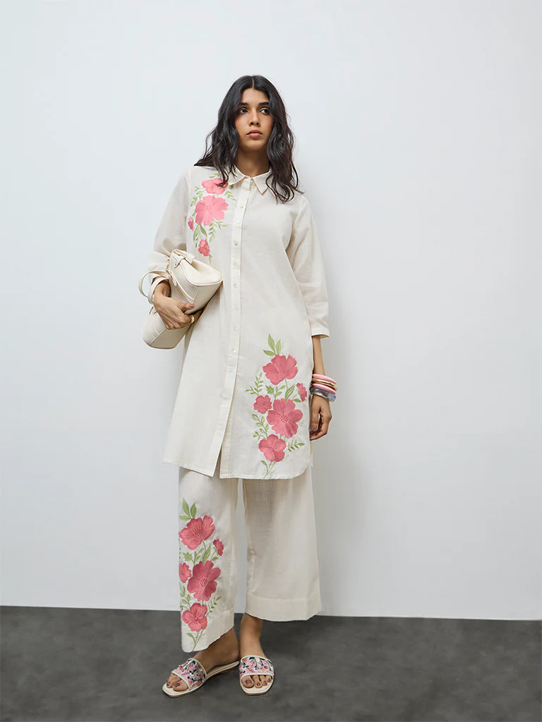 Utsa Off-White Floral Embroidered Cotton A-Line Kurta - Image 2