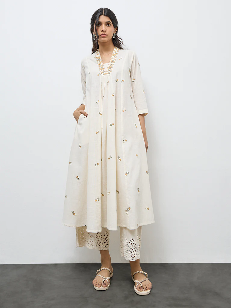Utsa Off-White Floral Embroidered Cotton A-Line Kurta - Image 2