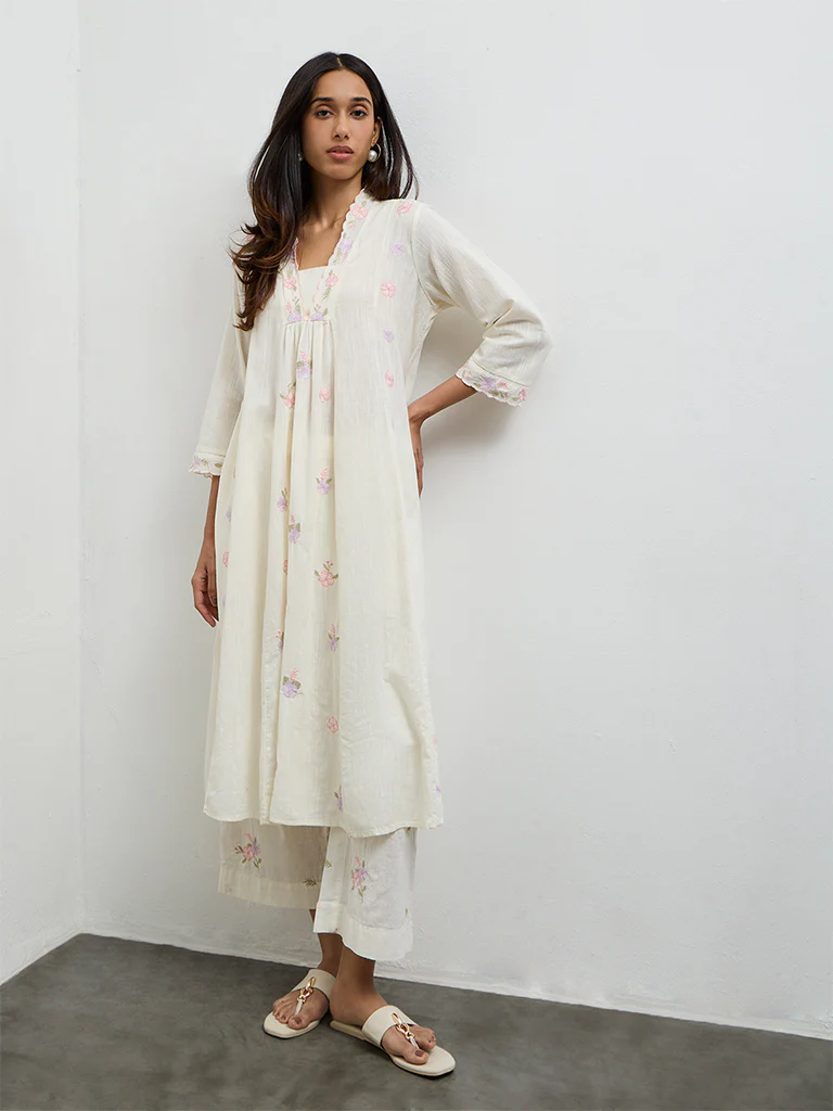 Utsa Off-White Floral Embroidered Cotton-Blend A-Line Kurta