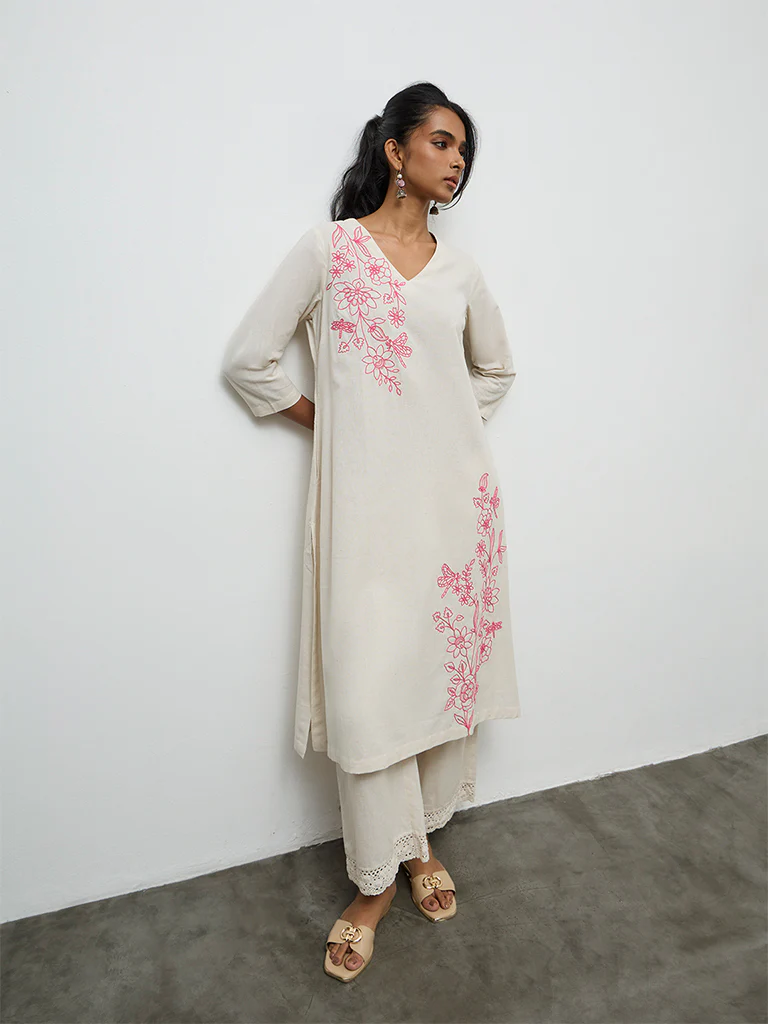 Utsa Off-White Floral Embroidered Cotton-Blend A-Line Kurta - Image 2