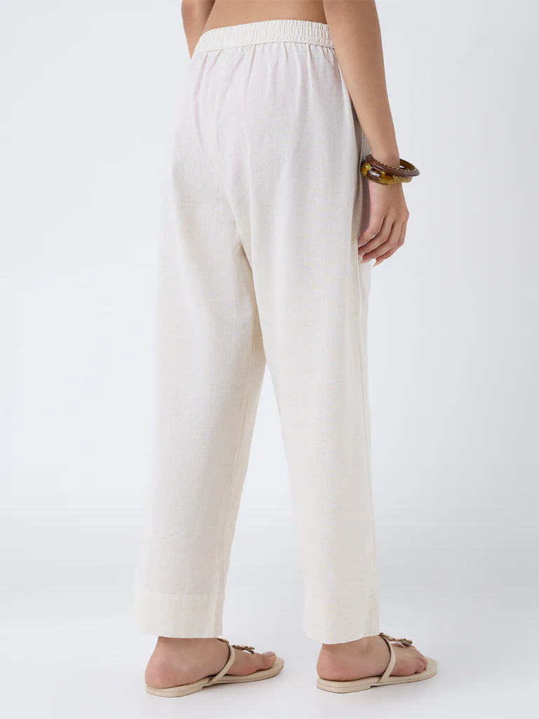Utsa Off-White Floral Embroidered Cotton-Blend Pants - Image 4
