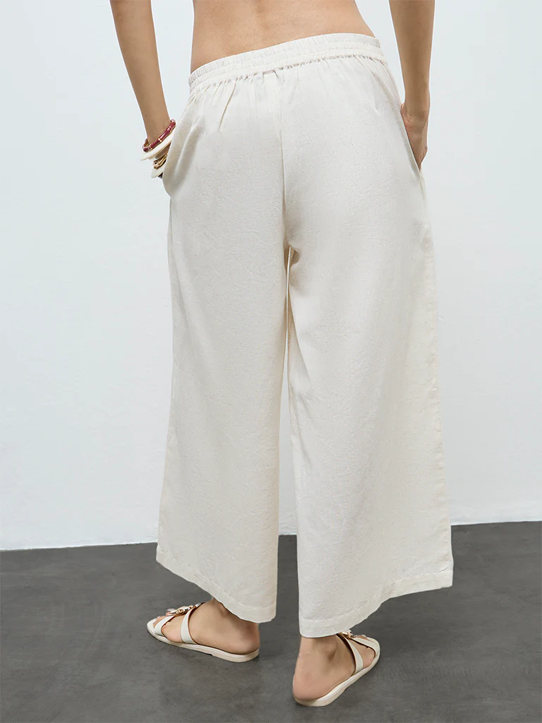 Utsa Off-White Floral Embroidered Cotton-Blend Pants - Image 4