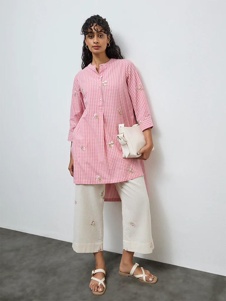 Utsa Off-White Floral Embroidered Cotton-Blend Pants - Image 2