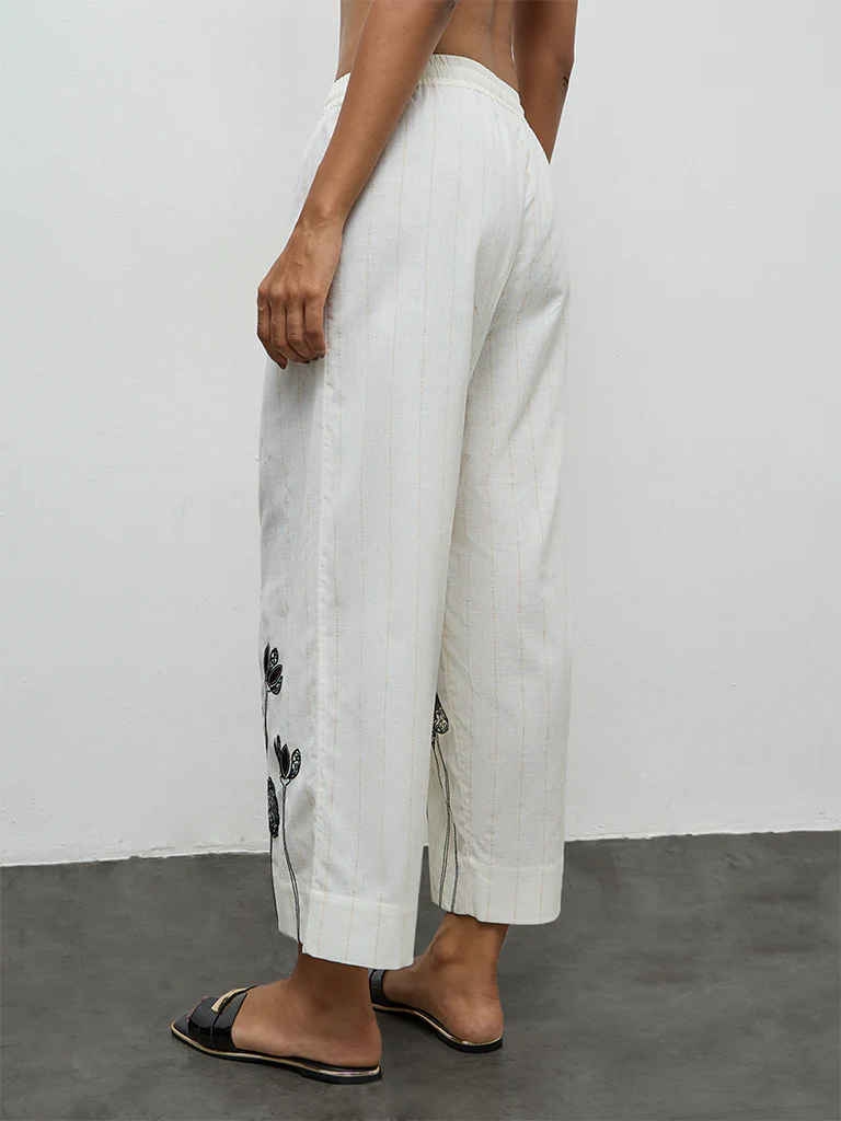 Utsa Off-White Floral Embroidered Cotton-Blend Pants - Image 4