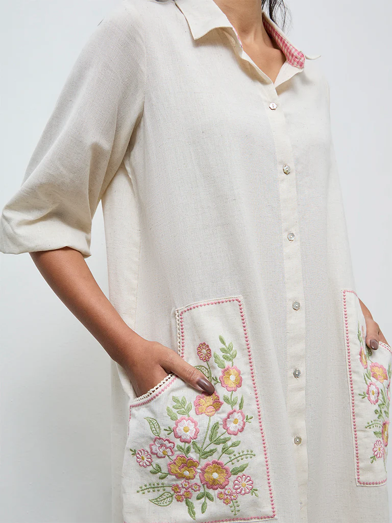 Utsa Off-White Floral Embroidered Cotton-Blend Shirt Dress - Image 3