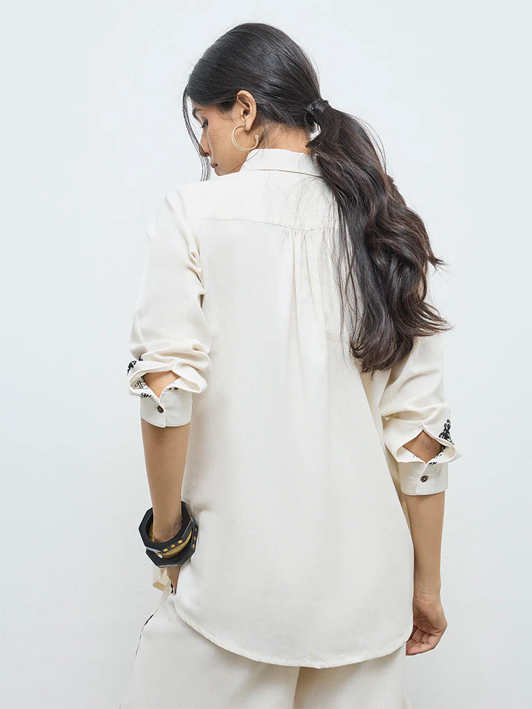 Utsa Off-White Floral Embroidered Cotton-Blend Tunic - Image 4