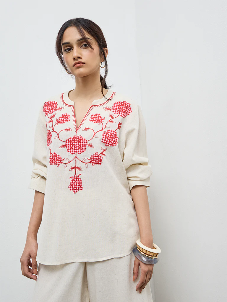 Utsa Off-White Floral Embroidered Cotton-Blend Tunic