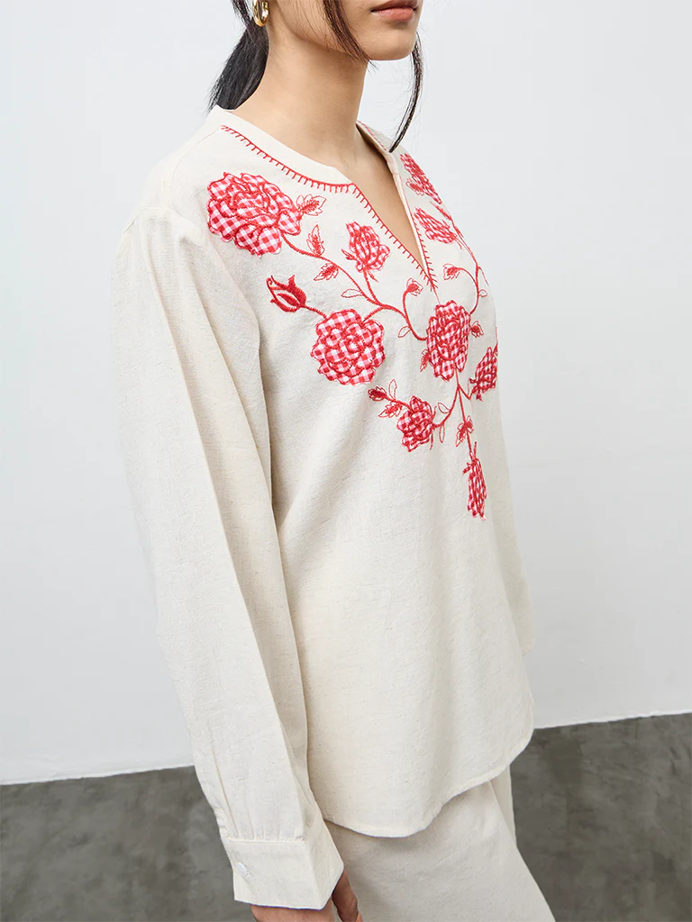 Utsa Off-White Floral Embroidered Cotton-Blend Tunic - Image 3