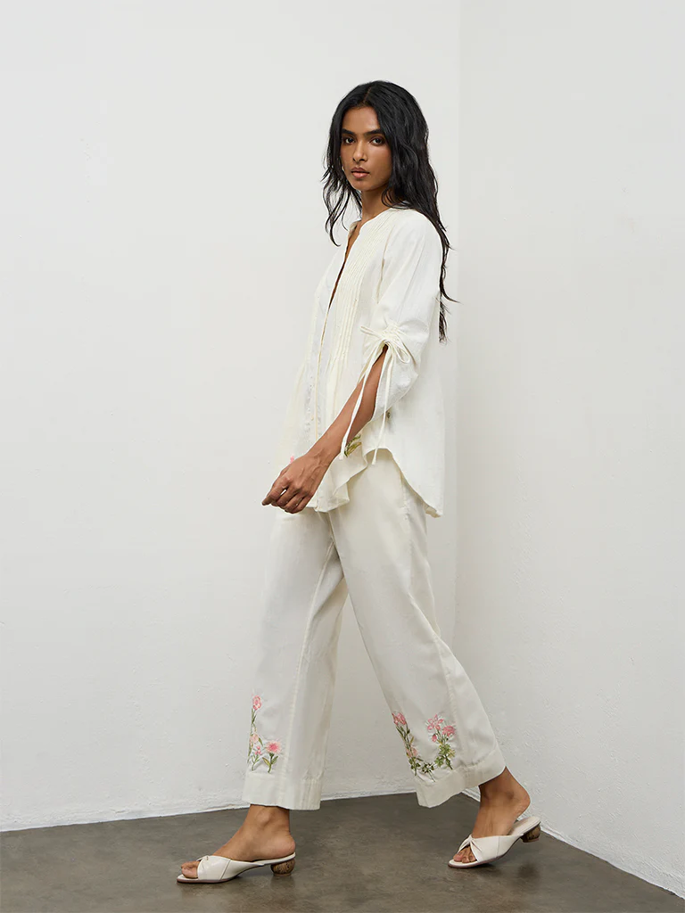 Utsa Off-White Floral Embroidered Cotton-Blend Tunic - Image 2