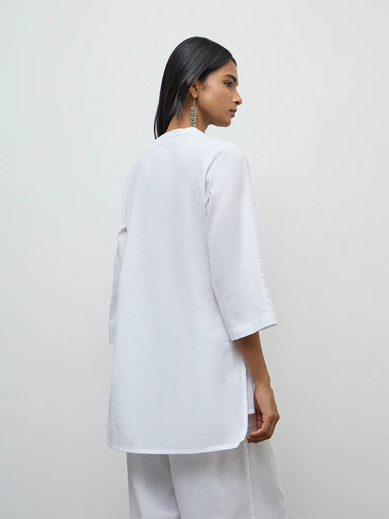 Utsa Off-White Floral Embroidered Cotton-Blend Tunic - Image 4