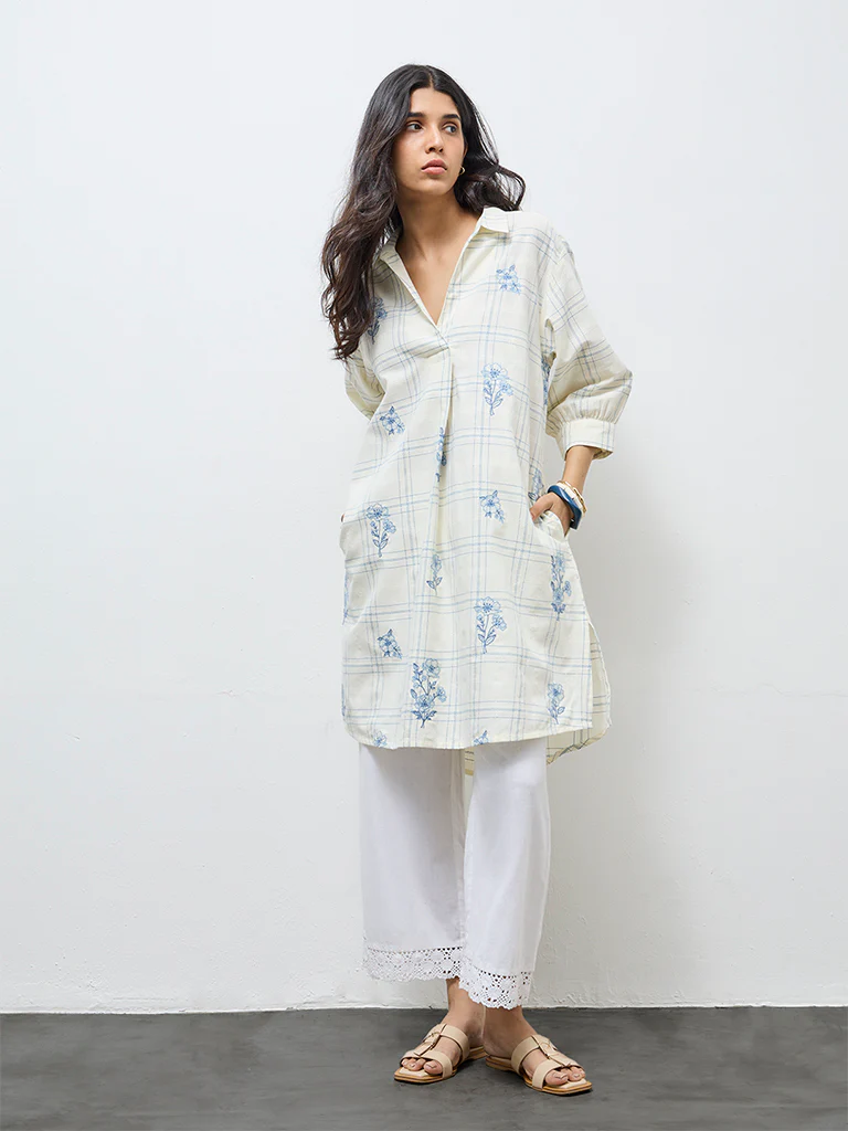Utsa Off-White Floral Embroidered Cotton Kurta