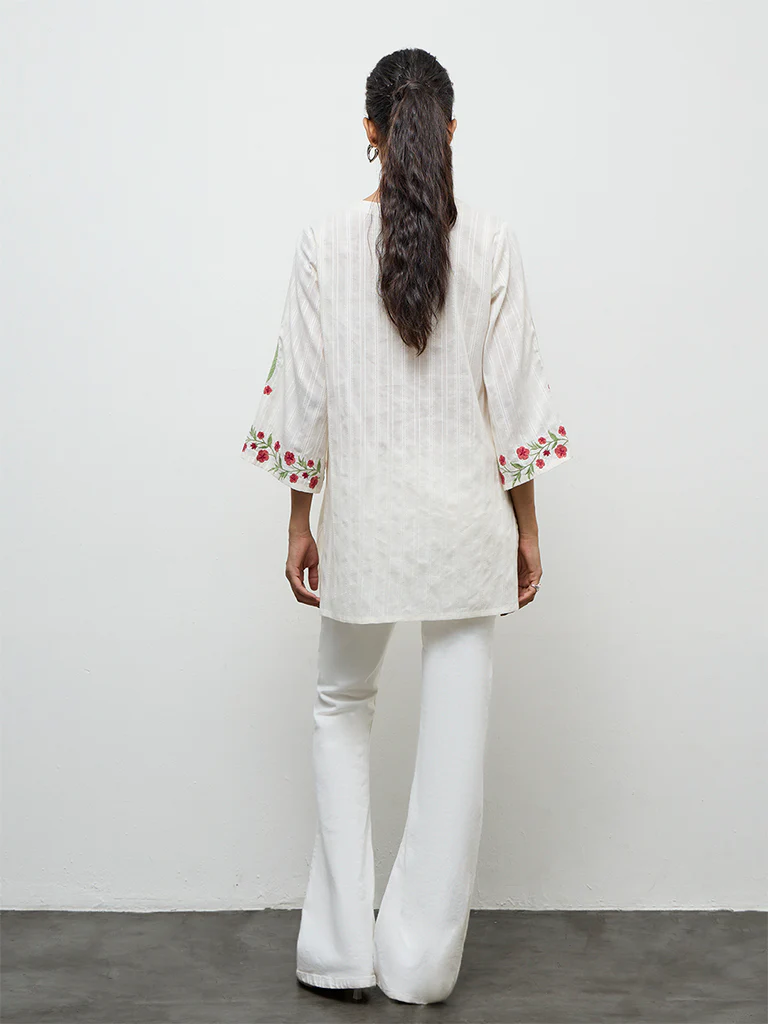 Utsa Off-White Floral Embroidered Cotton Kurti - Image 4