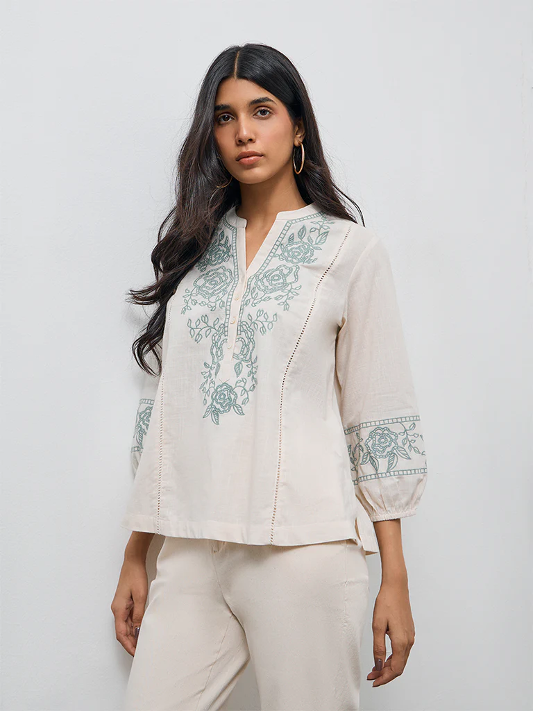 Utsa Off-White Floral Embroidered Cotton Tunic - Image 2