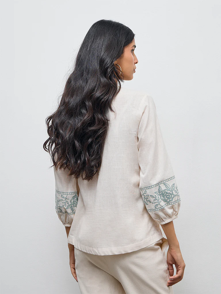Utsa Off-White Floral Embroidered Cotton Tunic - Image 4