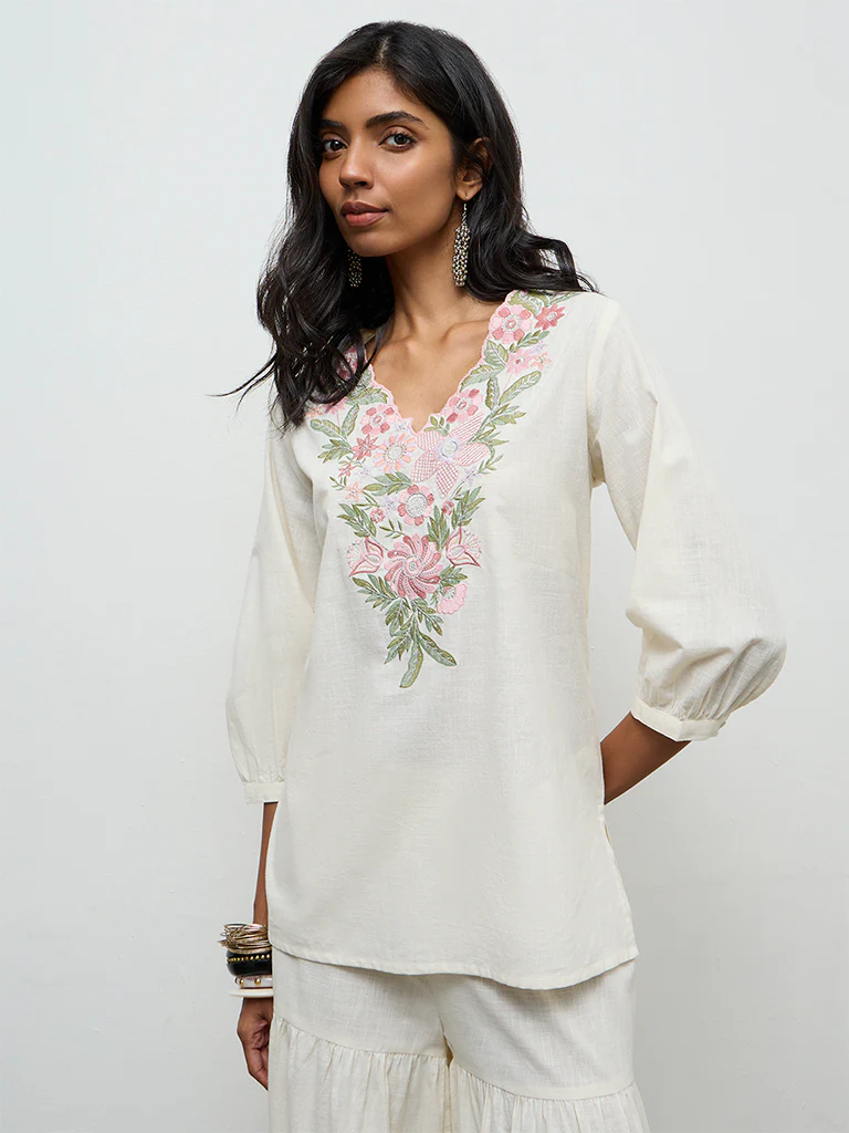 Utsa Off-White Floral Embroidered Cotton Tunic