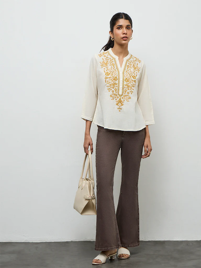 Utsa Off-White Floral Embroidered Cotton Tunic