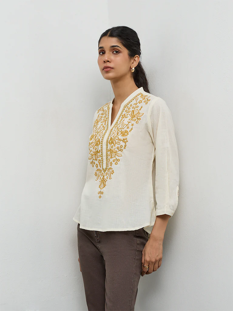 Utsa Off-White Floral Embroidered Cotton Tunic - Image 2