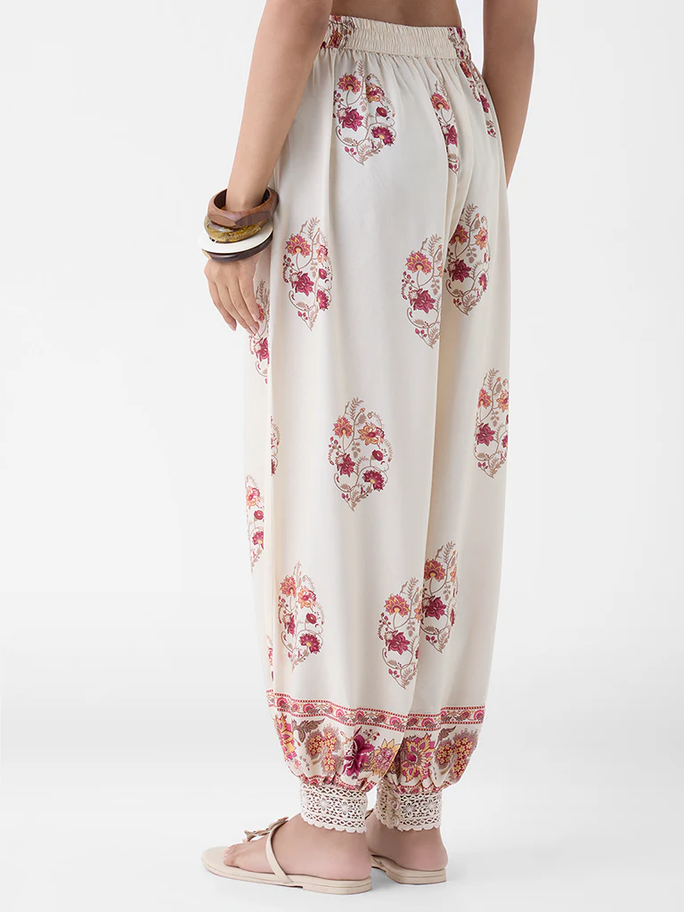 Utsa Off-White Floral Pattern Harem-Style Pants - Image 4