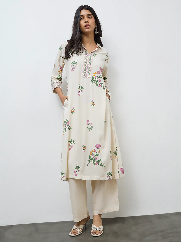 Utsa Off-White Floral Printed A-Line Kurta - Image 2