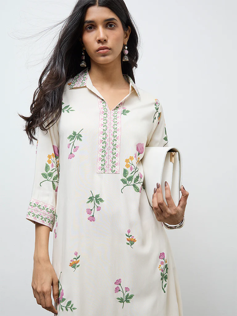 Utsa Off-White Floral Printed A-Line Kurta - Image 3