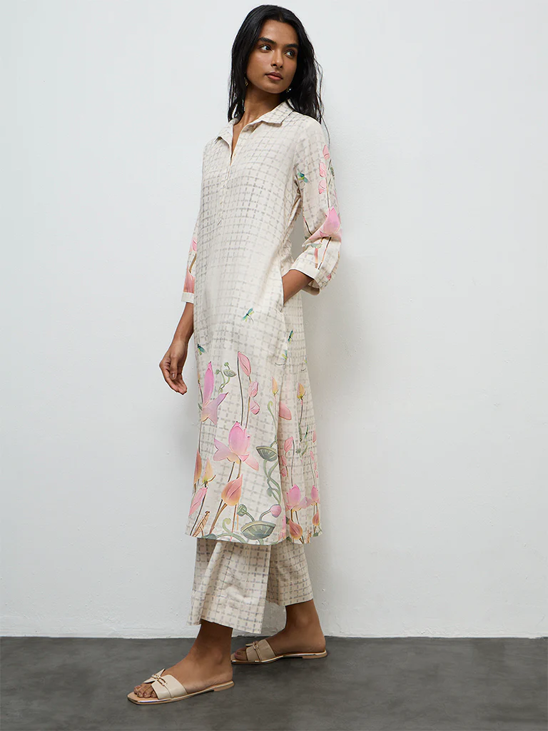 Utsa Off-White Floral Printed A-Line Kurta