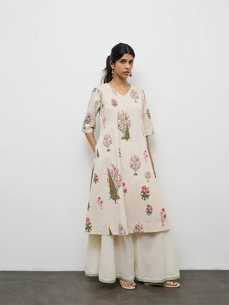 Utsa Off-White Floral Printed Cotton A-Line Kurta - Image 2