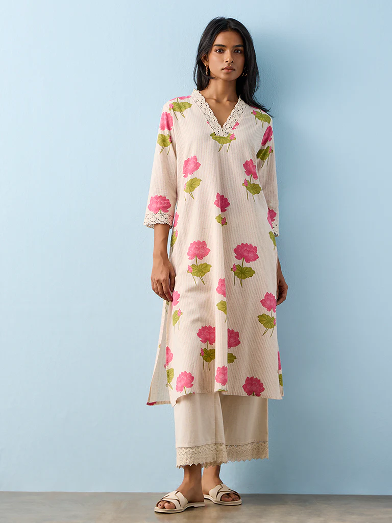 Utsa Off-White Floral Printed Cotton-Blend A-Line Kurta - Image 2