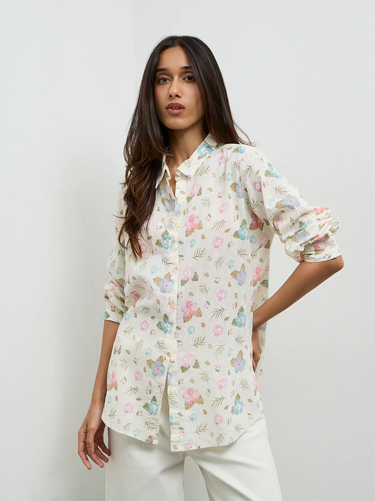 Utsa Off-White Floral Printed Cotton-Blend Tunic
