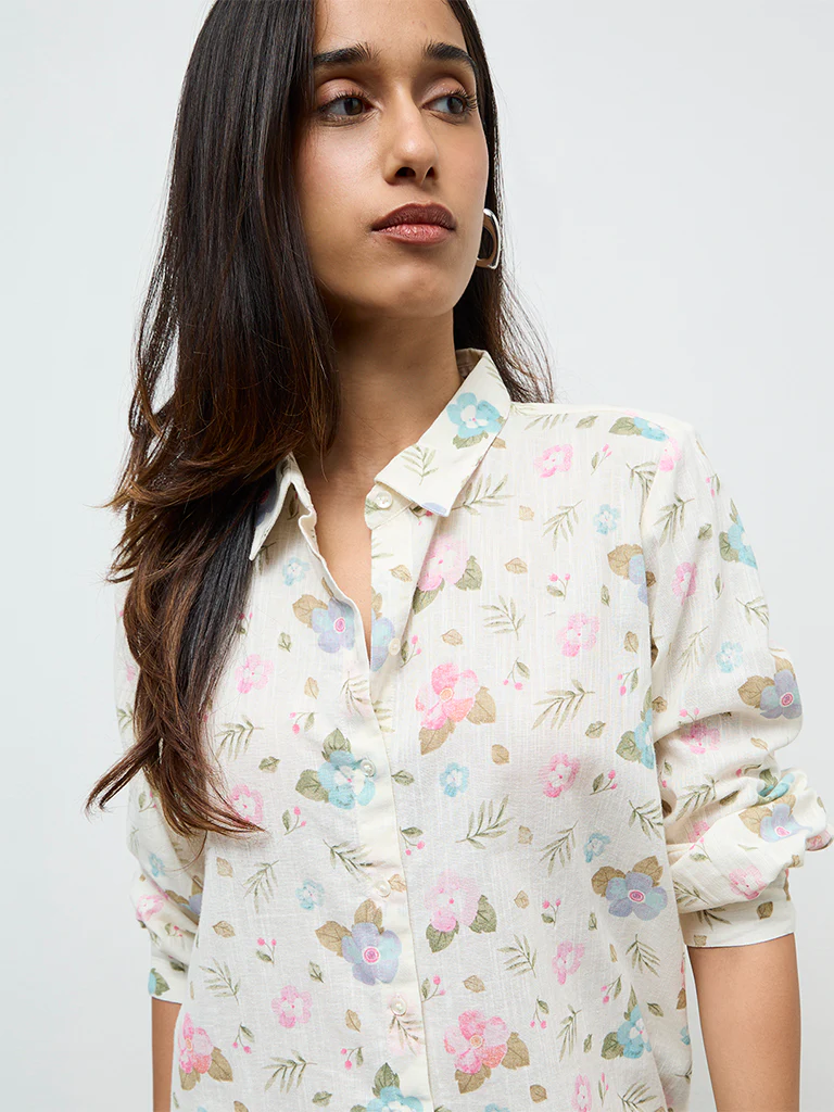 Utsa Off-White Floral Printed Cotton-Blend Tunic - Image 3