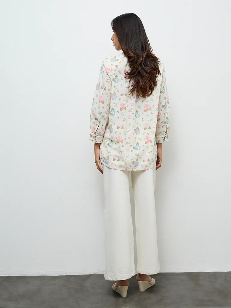 Utsa Off-White Floral Printed Cotton-Blend Tunic - Image 4
