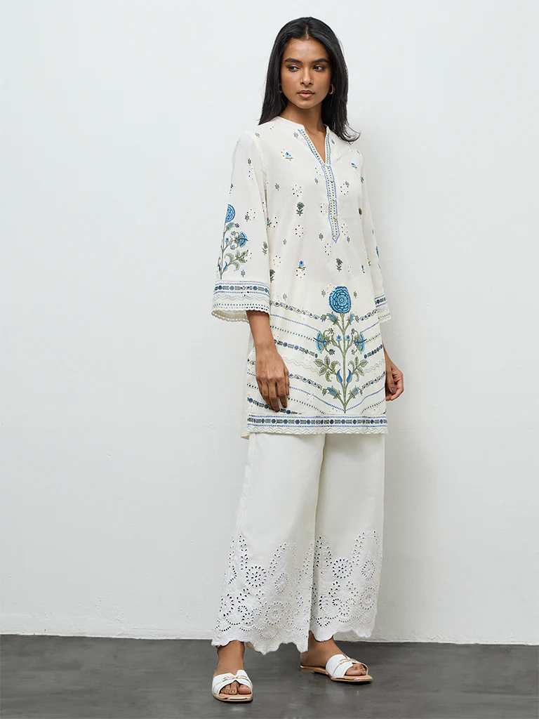 Utsa Off-White Floral Printed Cotton Kurti
