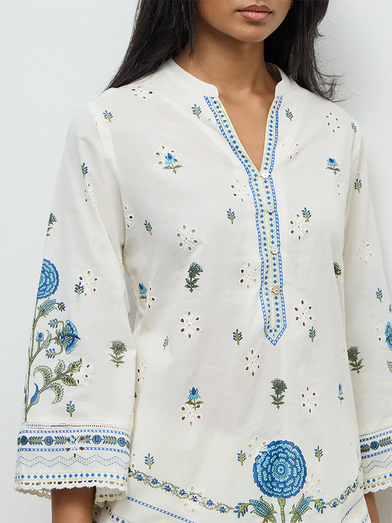Utsa Off-White Floral Printed Cotton Kurti - Image 3