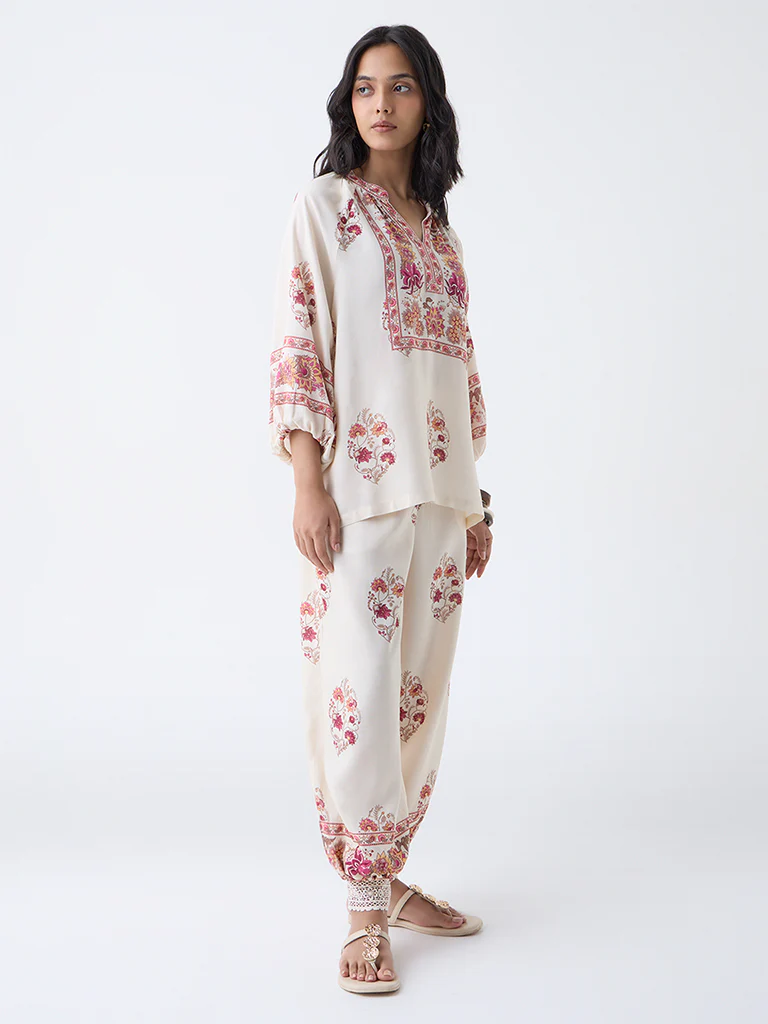 Utsa Off-White Floral Printed Tunic