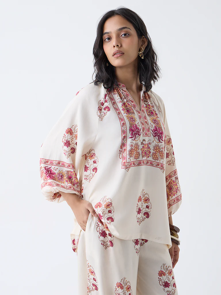 Utsa Off-White Floral Printed Tunic - Image 2