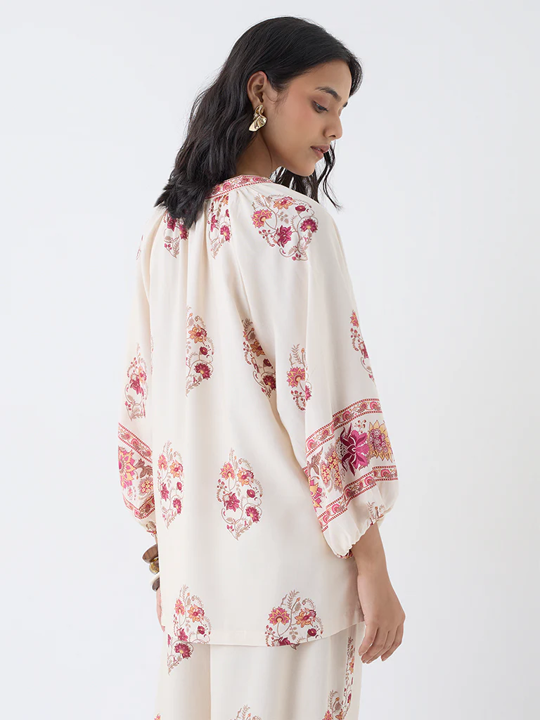 Utsa Off-White Floral Printed Tunic - Image 4
