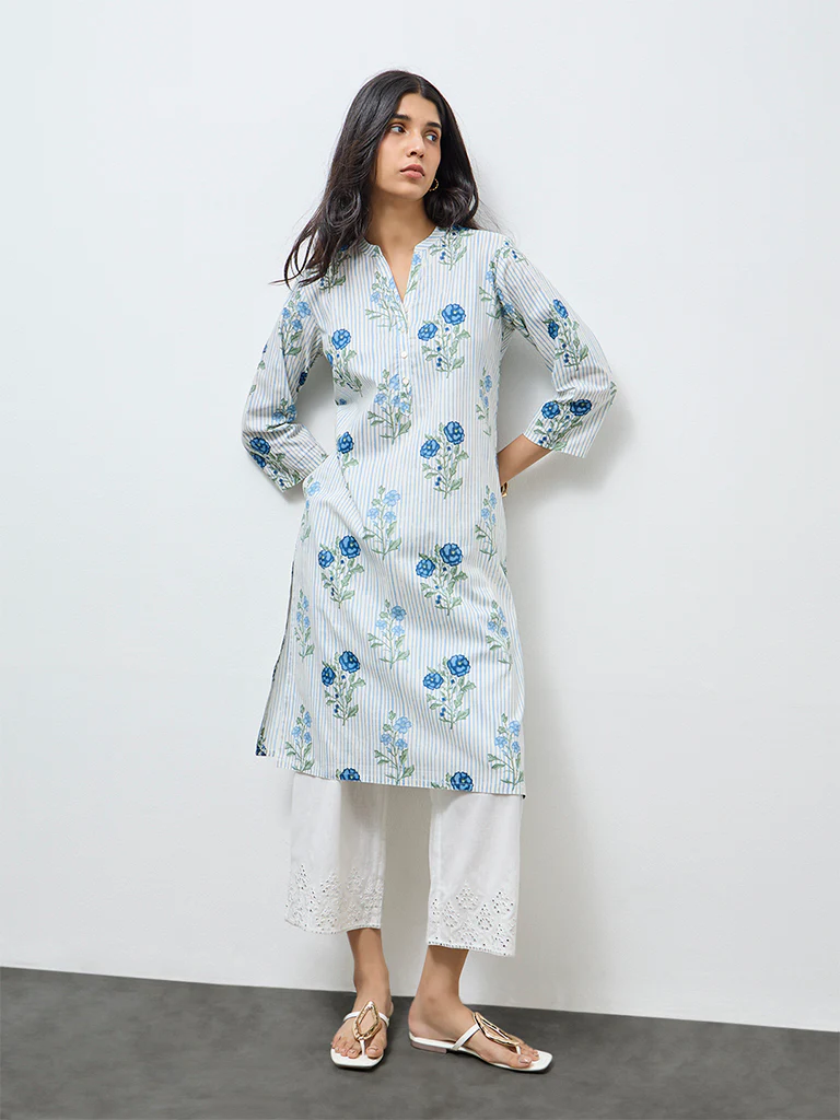 Utsa Off-White Floral Straight Cotton Kurta - Image 2