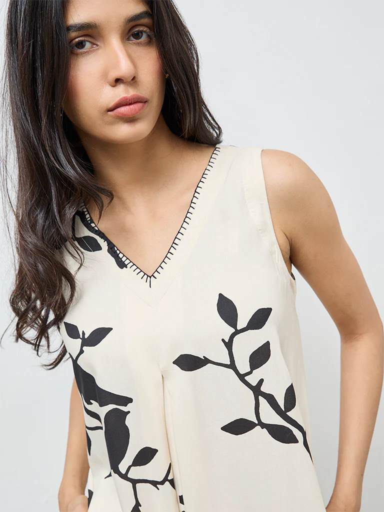 Utsa Off-White Foliage Design A-Line Kurta - Image 3