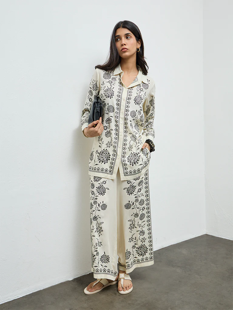 Utsa Off-White Foliage Printed Palazzos - Image 2
