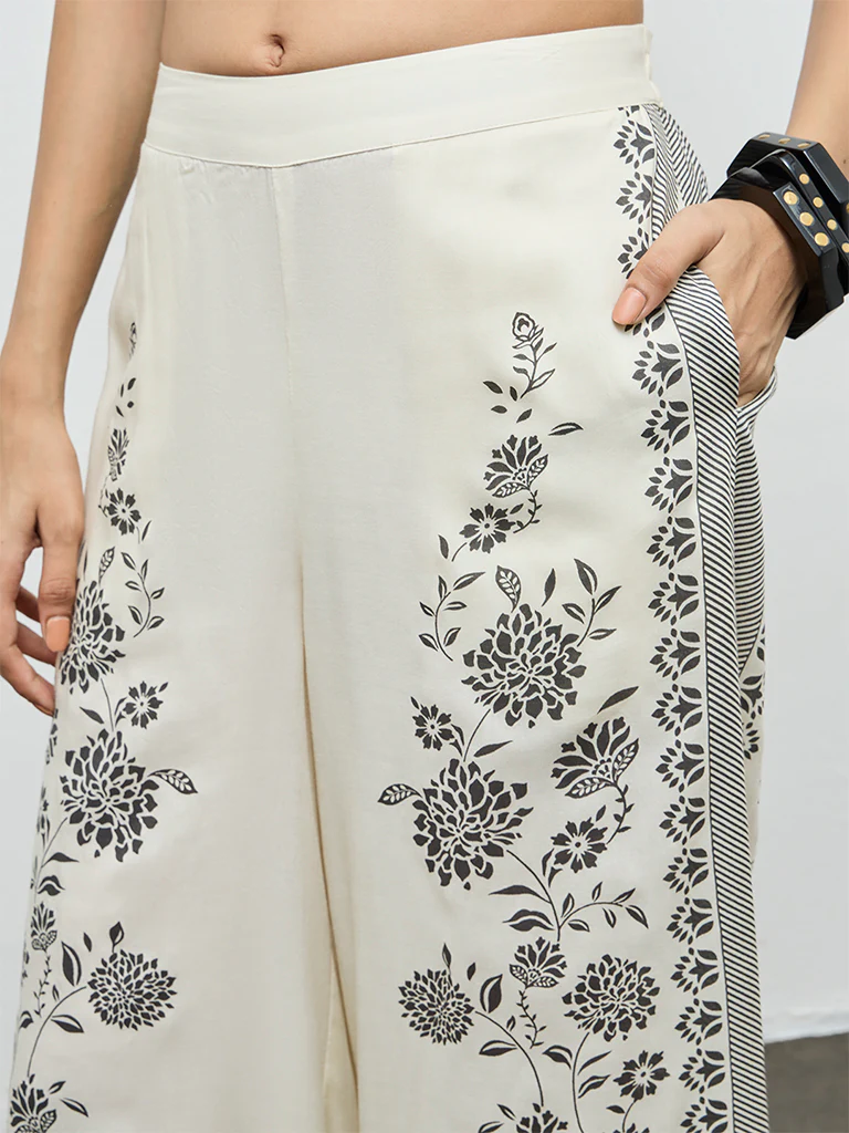 Utsa Off-White Foliage Printed Palazzos - Image 3