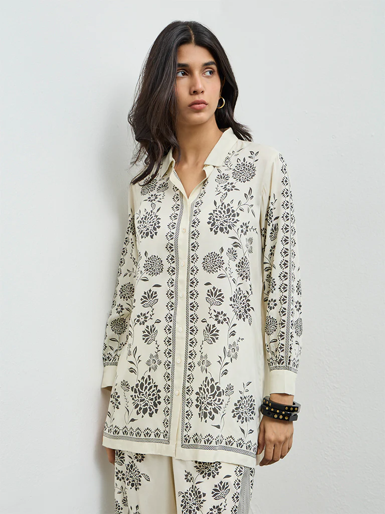Utsa Off-White Foliage Printed Tunic